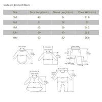 ribbed knit baby toddler romper in various sizes from 3 to 18 months with detailed measurement chart