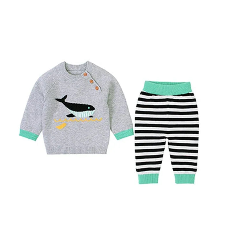 Gray shark baby sweater pant set with black whale design and striped black white pants for infants