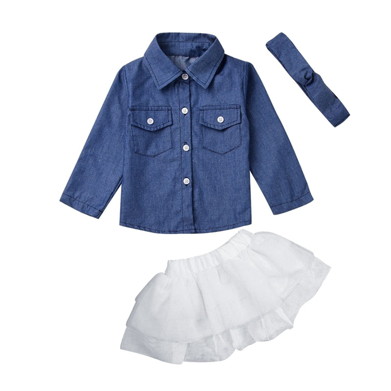 baby and kids apparel 3 PC Trendy Denim Top + Tutu Skirt Set for Little Girls -The Palm Beach Baby