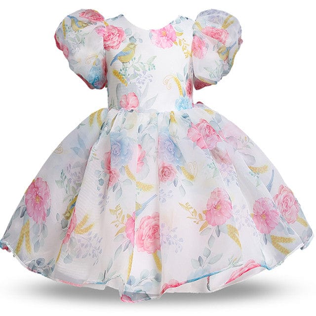 Baby & Kids Apparel 775 / 3T Elegant Girls Floral Puff Sleeved Dress -The Palm Beach Baby