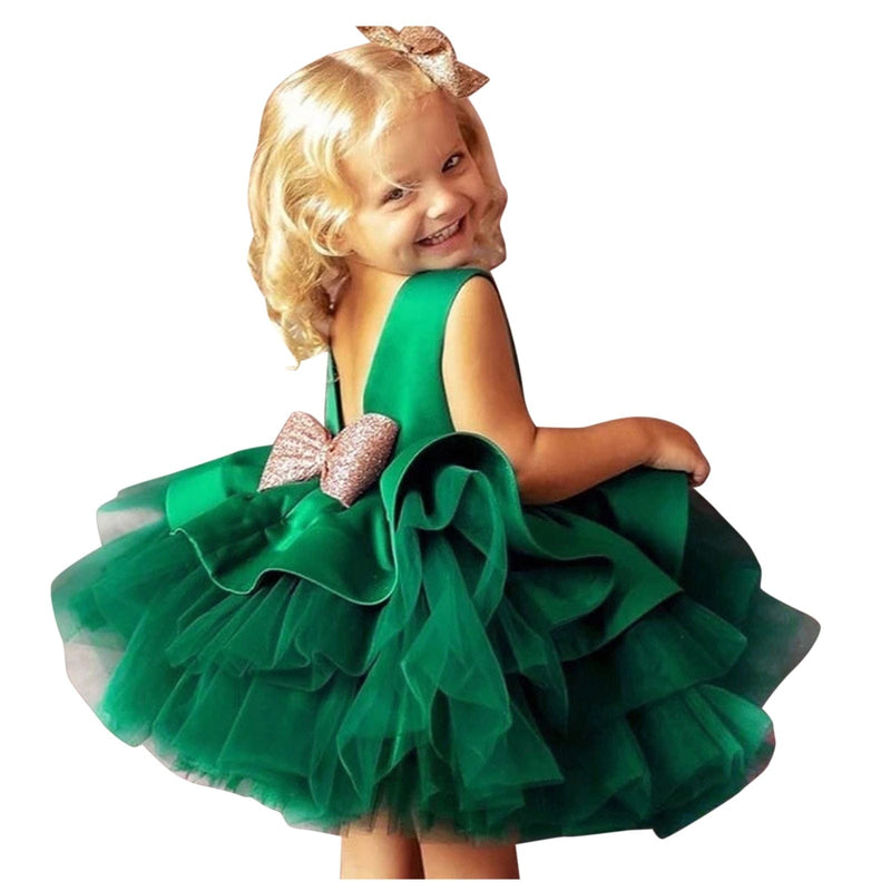 Baby & Kids Apparel "Catalina" Tiered V-Back Dress With Big Bow For Little Girls -The Palm Beach Baby