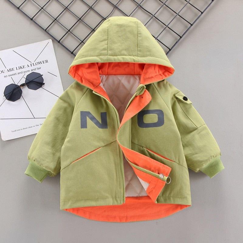 green and orange warm hooded coat for children with front zipper and NO lettering, toddler size