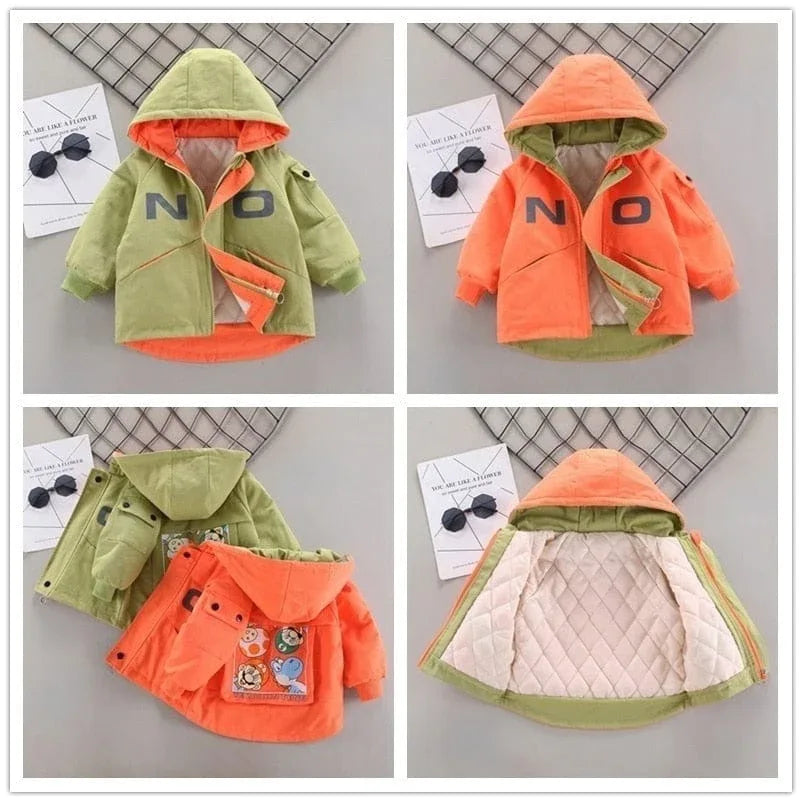 Warm hooded coat for children in green and orange colors with quilted lining and animal patch for toddlers