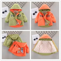Warm hooded coat for children in green and orange colors with quilted lining and animal patch for toddlers