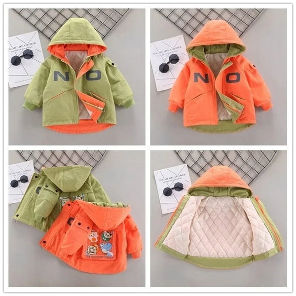 Warm hooded coat for children in green and orange colors with quilted lining and animal patch for toddlers