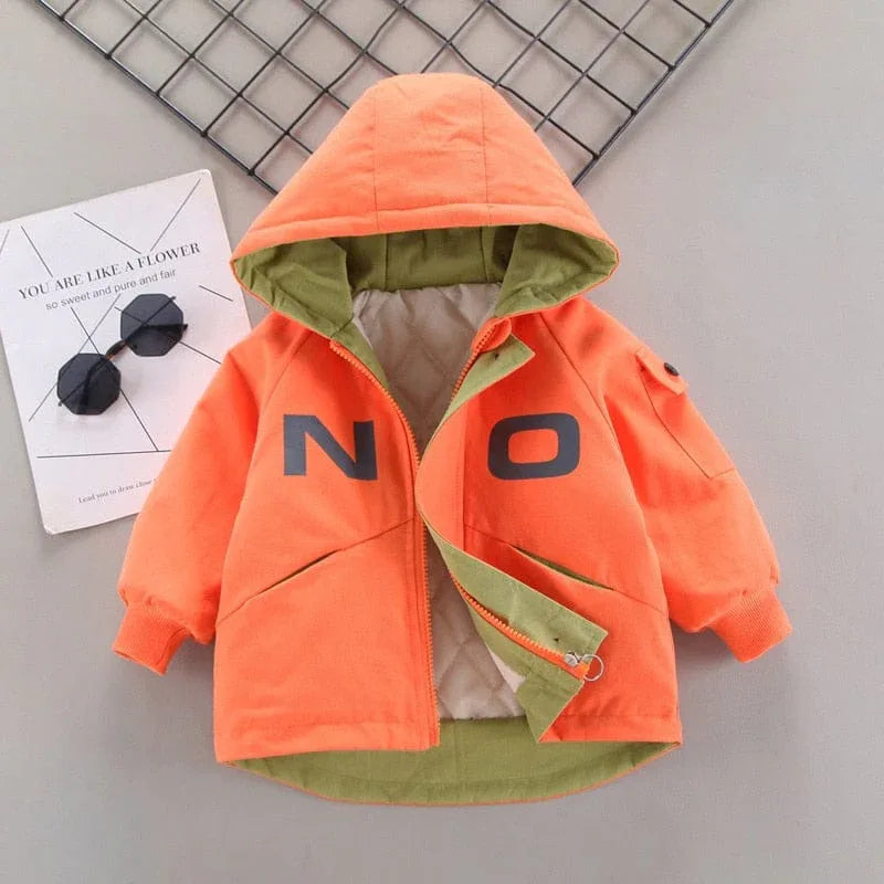 Toddler orange warm hooded coat for children with green lining and NO lettering on front